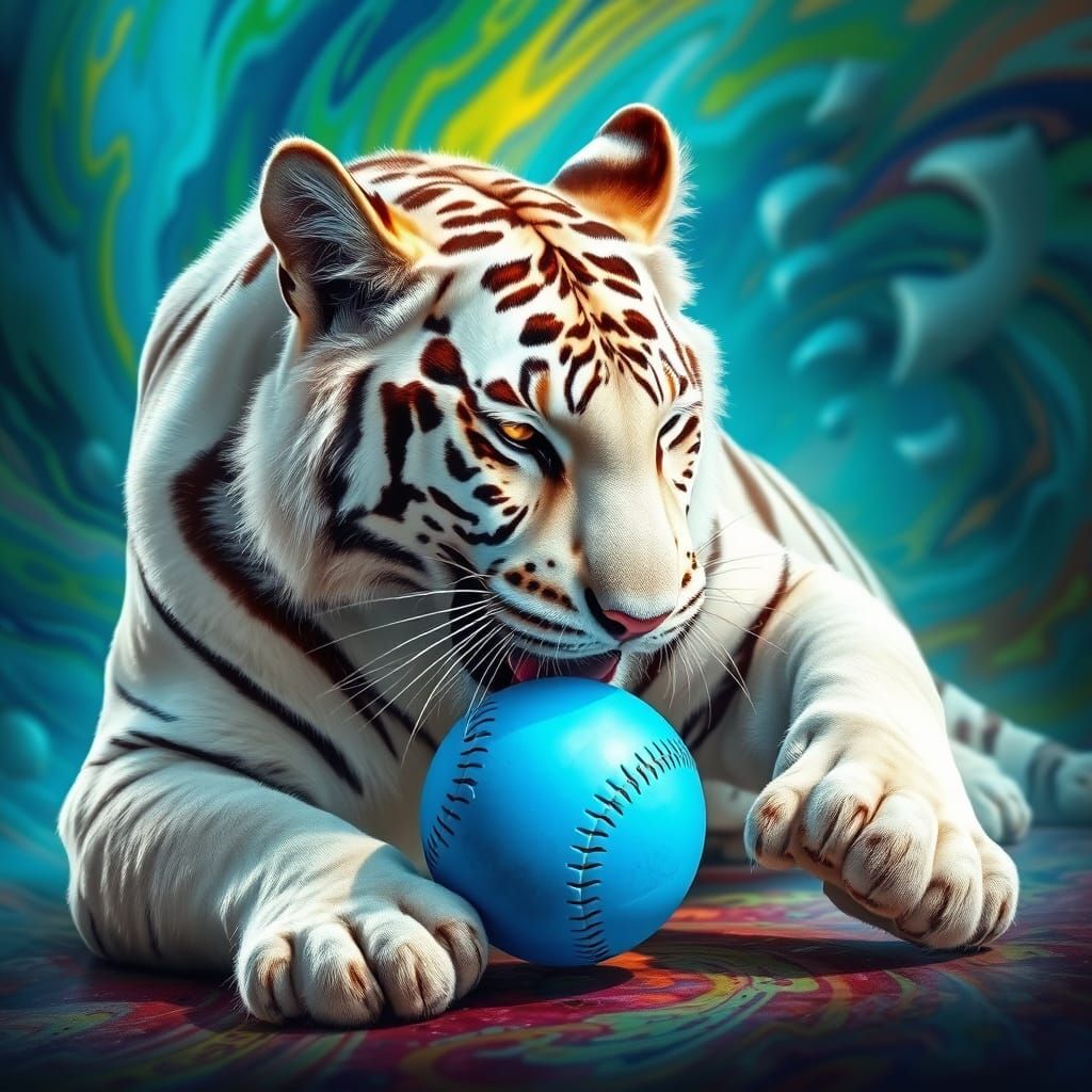 Hyperrealistic White Tiger in Mid-Pounce, Softball Glowing w...