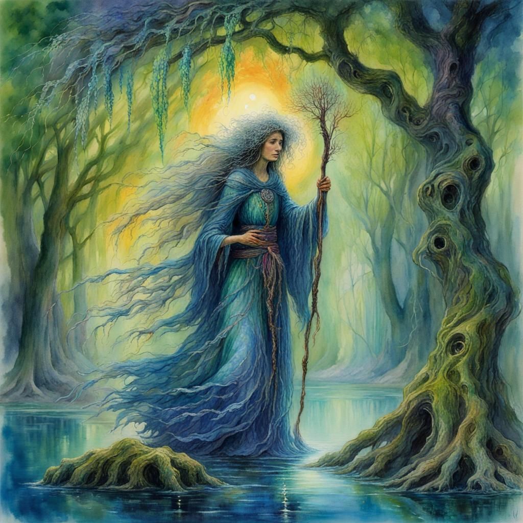 Wrathful Witch with Wand in Watercolor Style