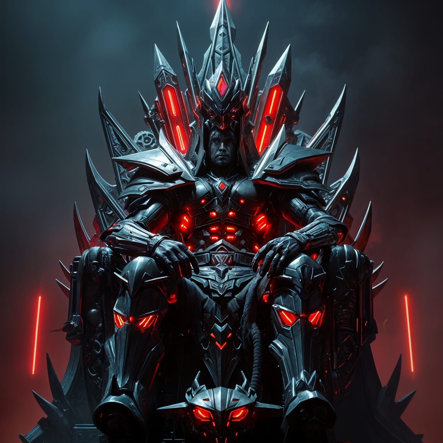 Cyberpunk Warrior King on Futuristic Throne with Neon Lights