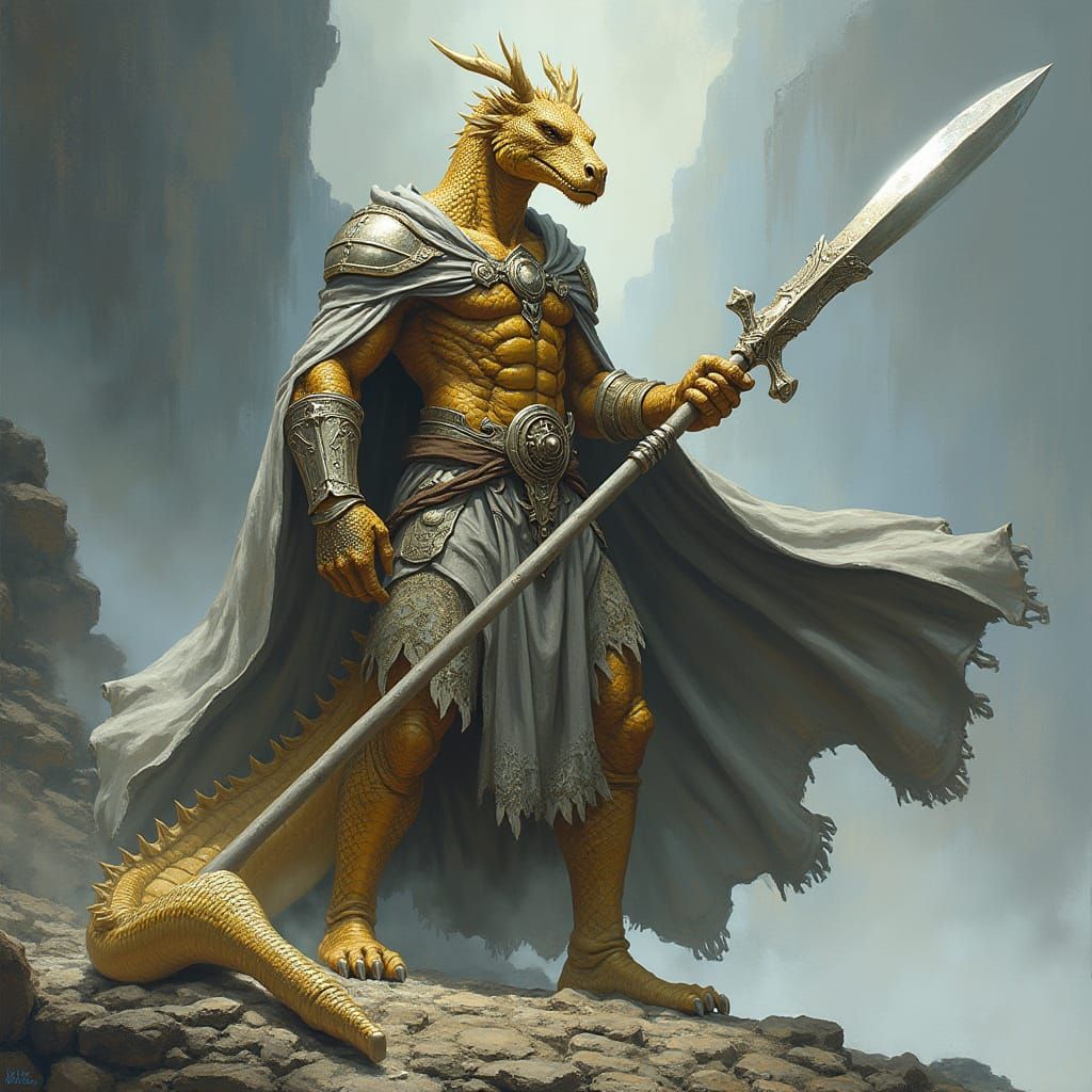 Golden Dragonborn Paladin Stands Tall with Colossal Glaive
