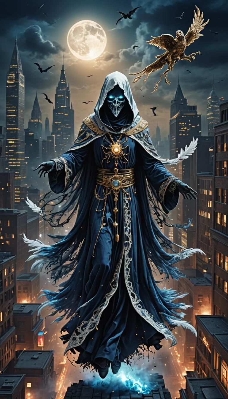 Gothic Horror Entity Soars Over Night City in Splendid Glitt...