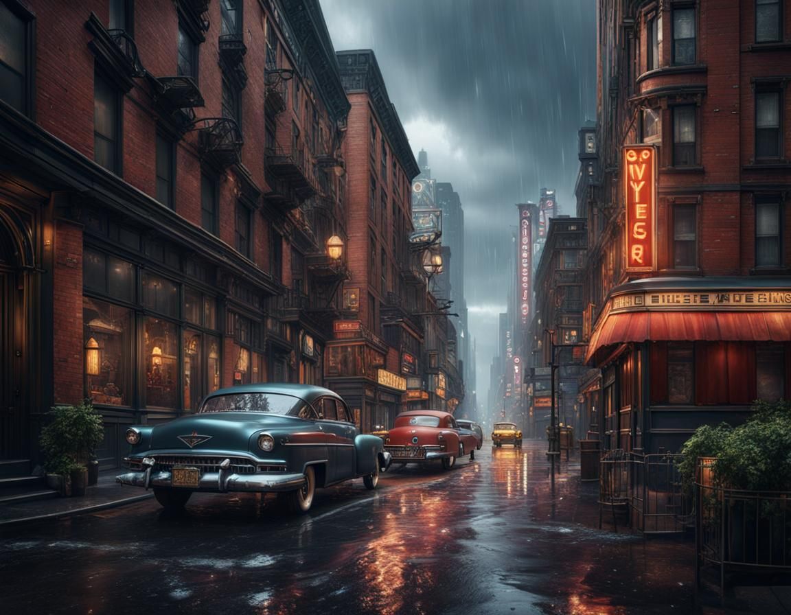 Vintage New York Street Scene After Rain