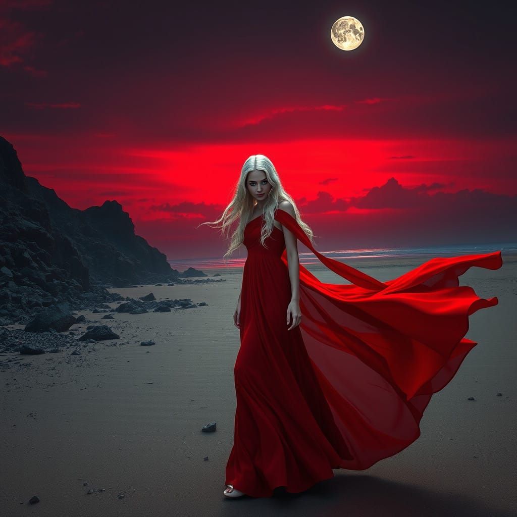 Ethereal Woman Walks Crimson Beach Under Bloody Moonlight