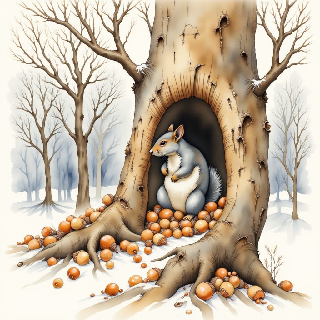Squirrel's Winter Hideaway: Watercolour and Gouache Folk Art