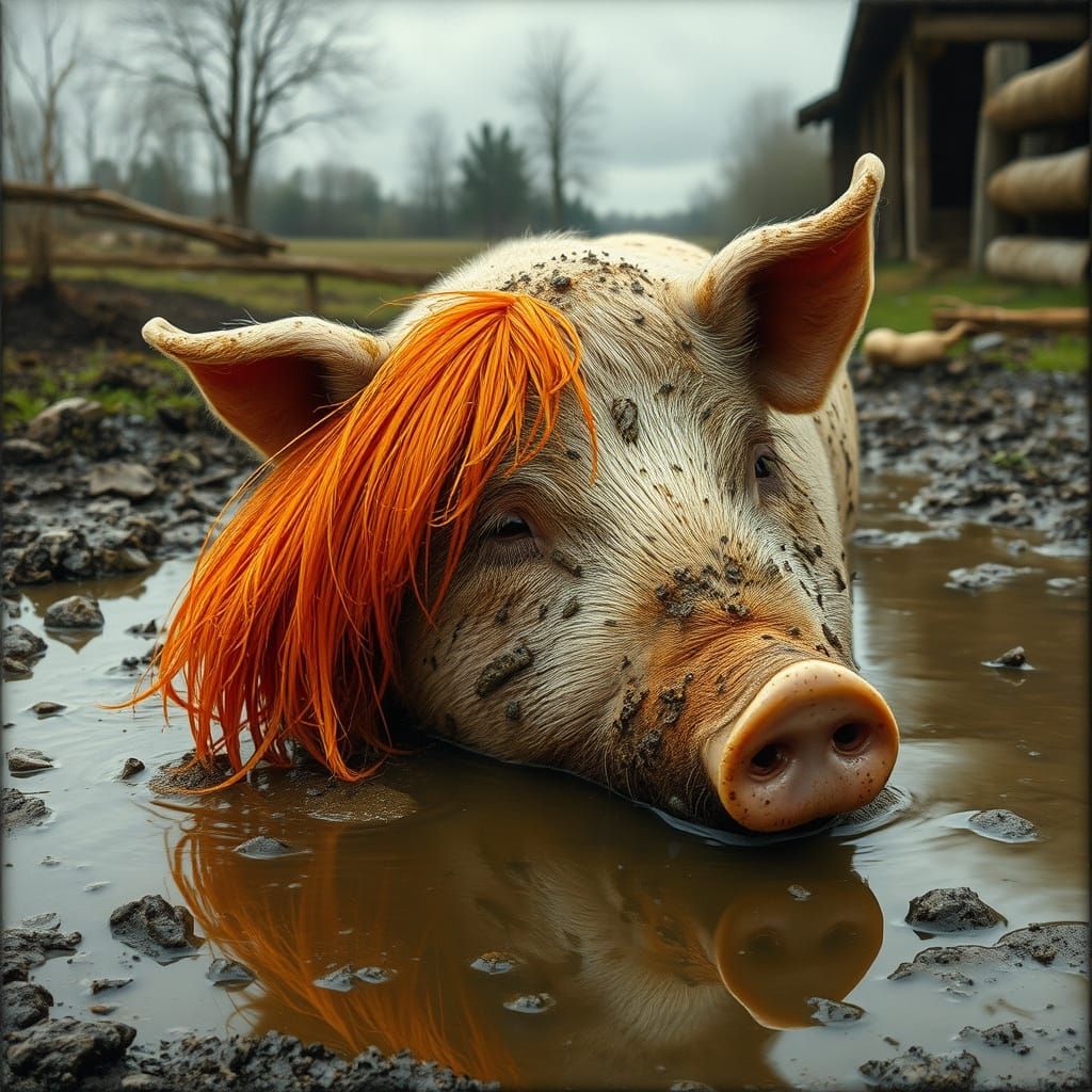 Surrealist Pig in a Muddy Puddle