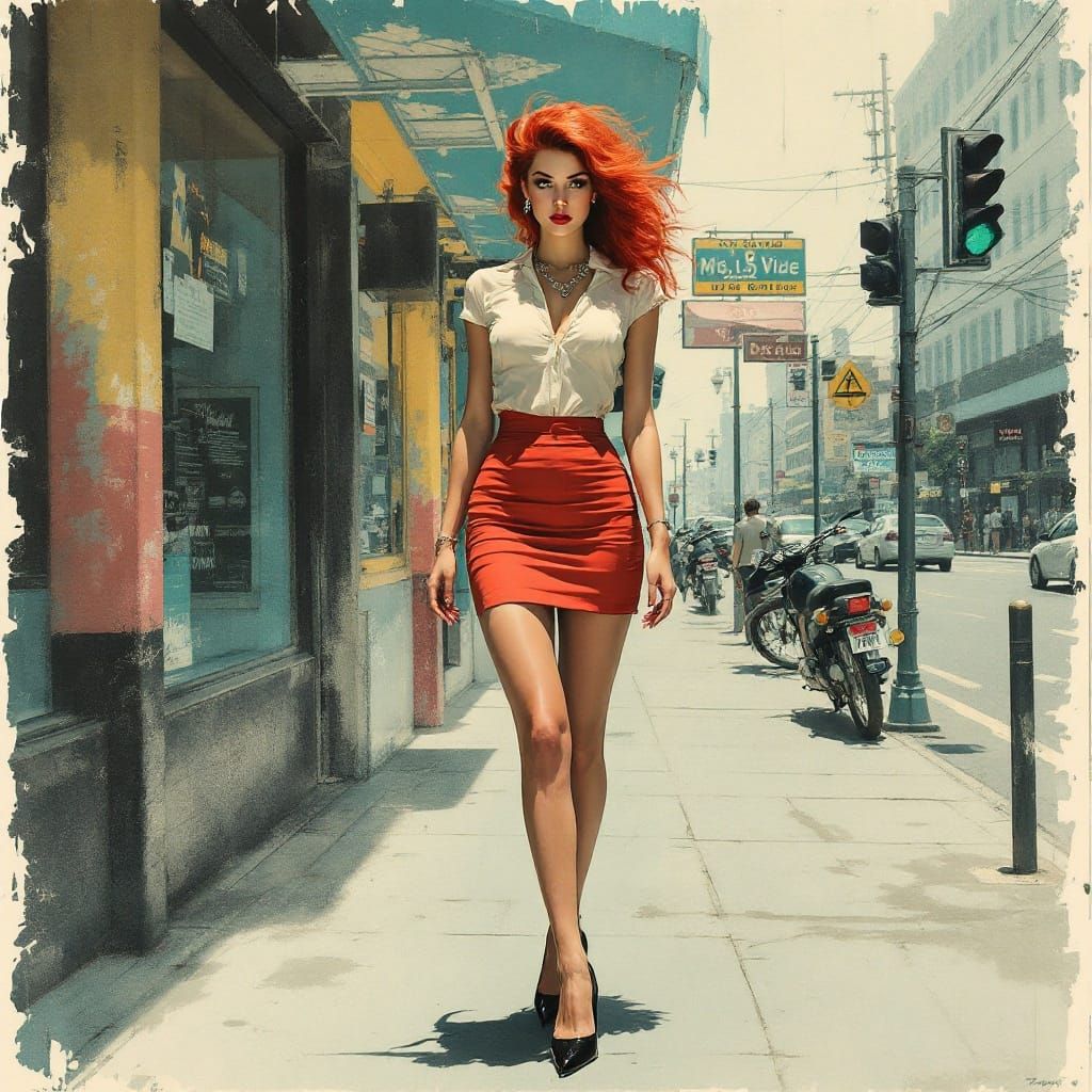 Redhead in Cityscape: Sumi-e Ink and Miami Vice Fusion