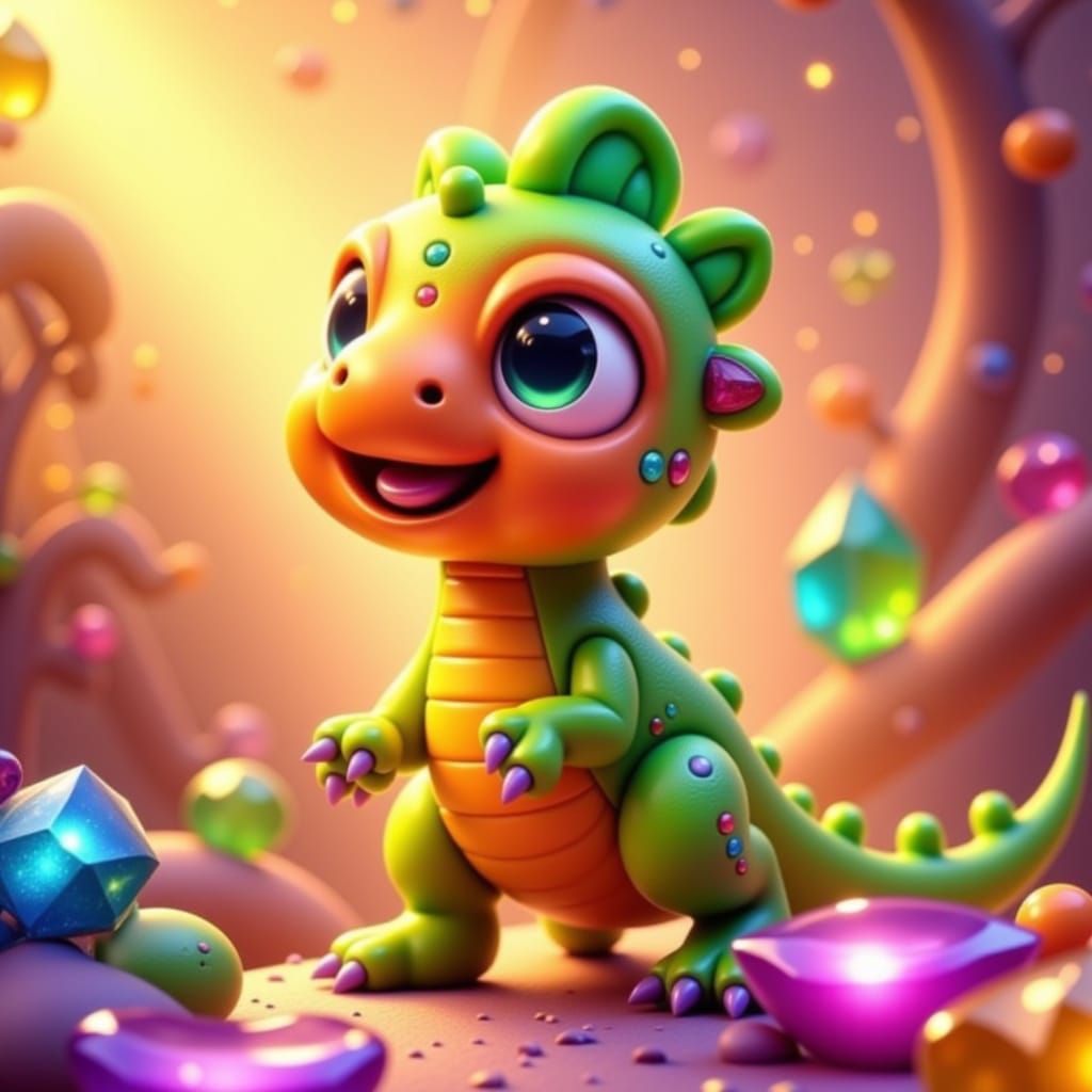 Joyful Gemstone Dinosaur Character in Golden Hour Light