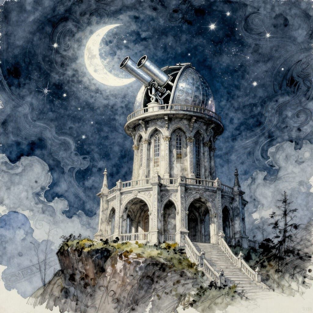 Elven Observatory Under Luminous Night Sky
