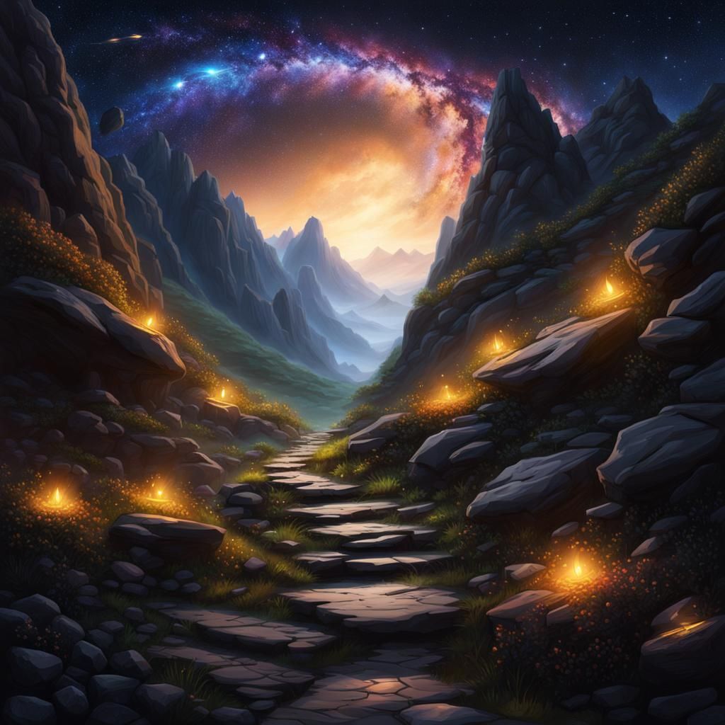 Mystical Galaxy Over Narrow Mountain Pass