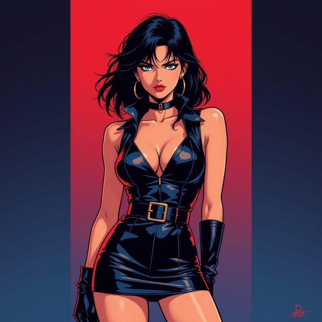 Woman in Black Light: Retro Anime Portrait