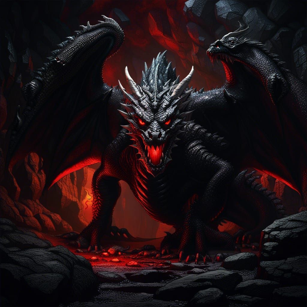 Majestic Black Dragon in Dark Fantasy Cave