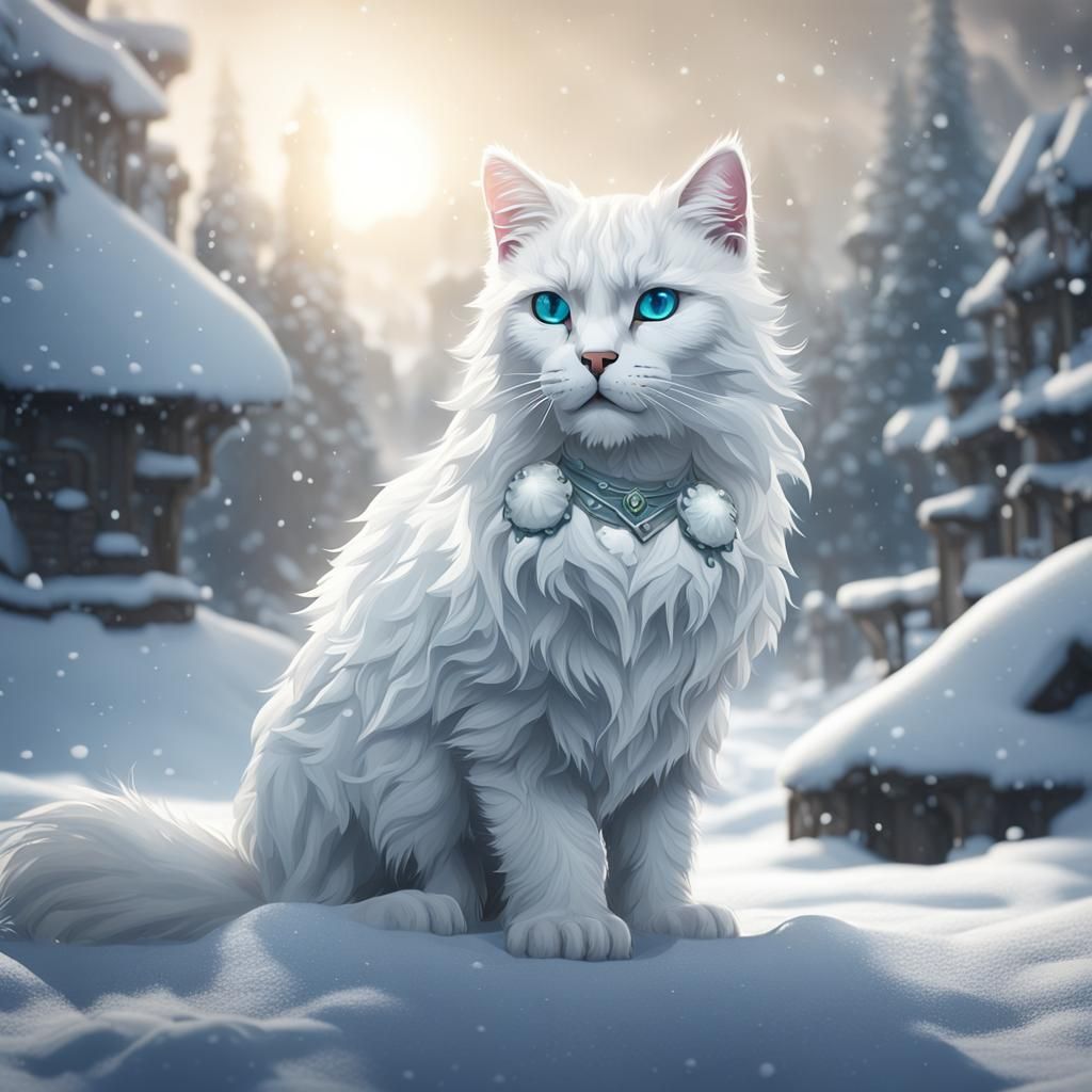 White Cat in Snow: Detailed Matte Painting