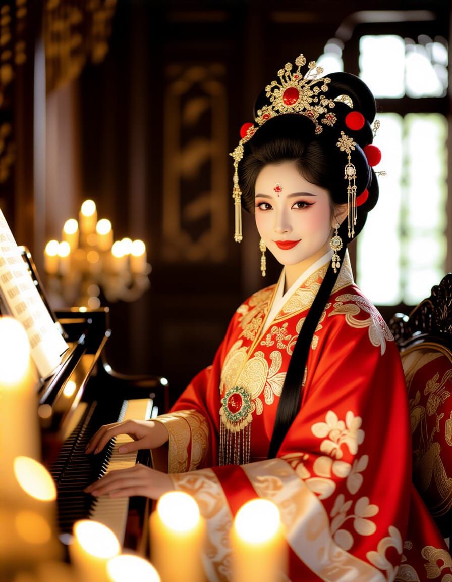 Chinese Goddess Plays Piano in Candlelit Manor