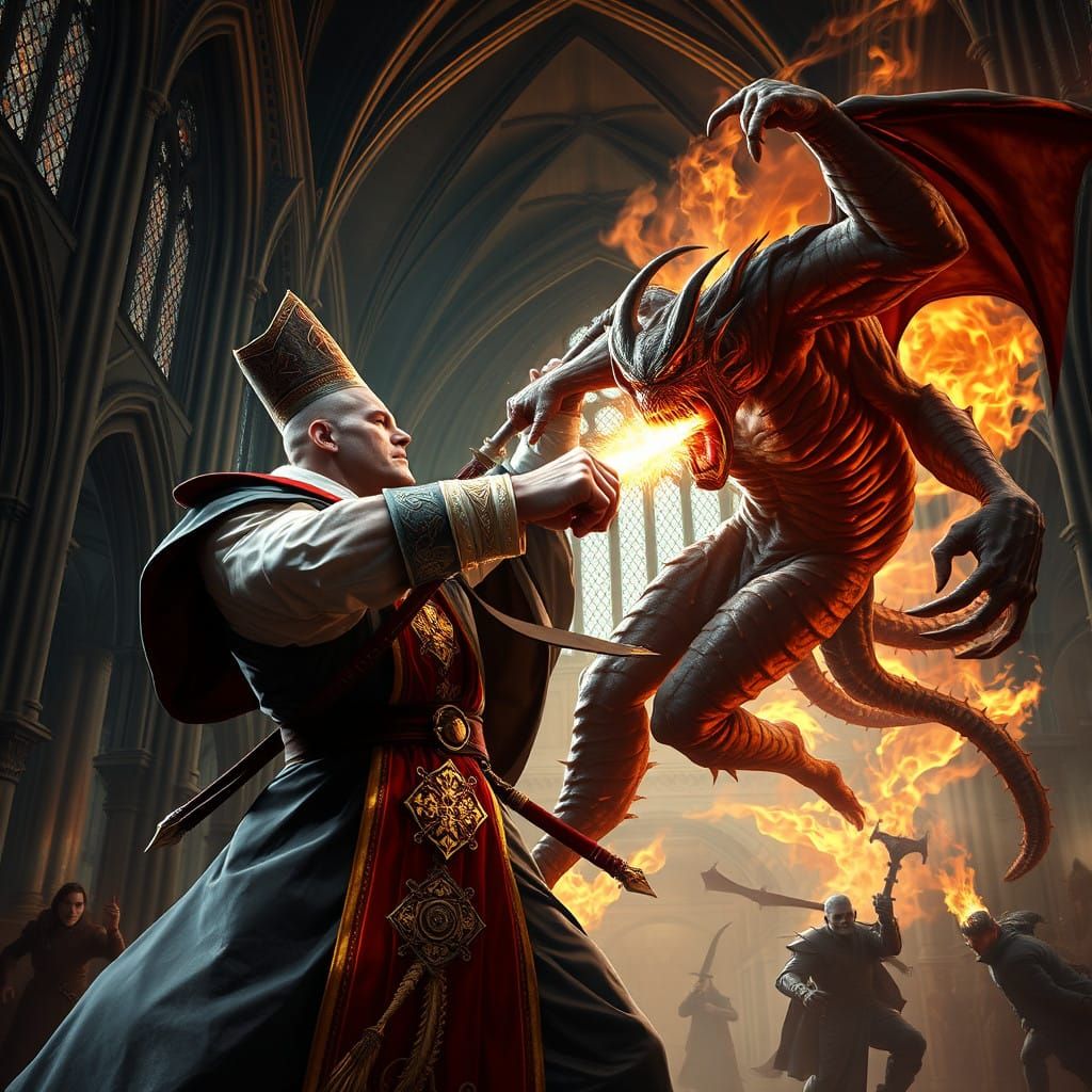 Dark Fantasy Clash: Priest vs. Twisted Demon in Gothic Cathe...