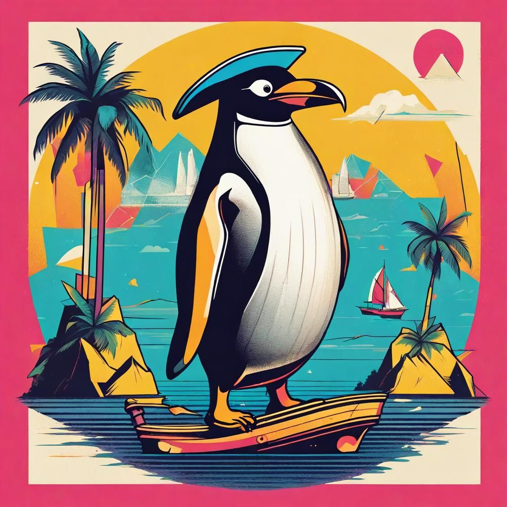 Pirate Penguin Sailing: Pop Art Digital Illustration