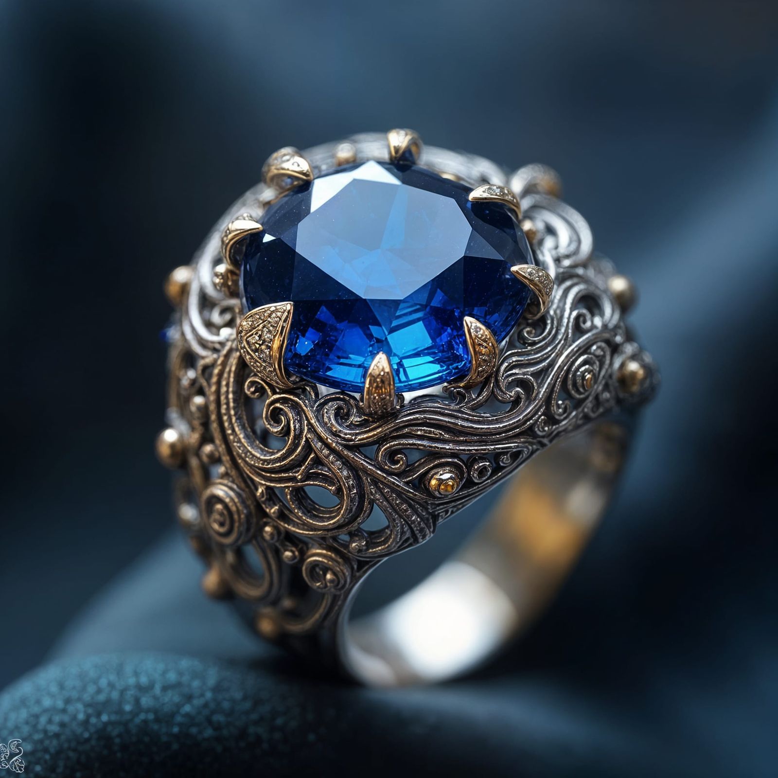 Ornate Sapphire Ring with Magical Carvings
