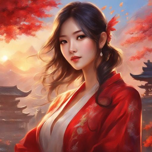 Beautiful Asian Woman in Red Jacket, Golden Hour
