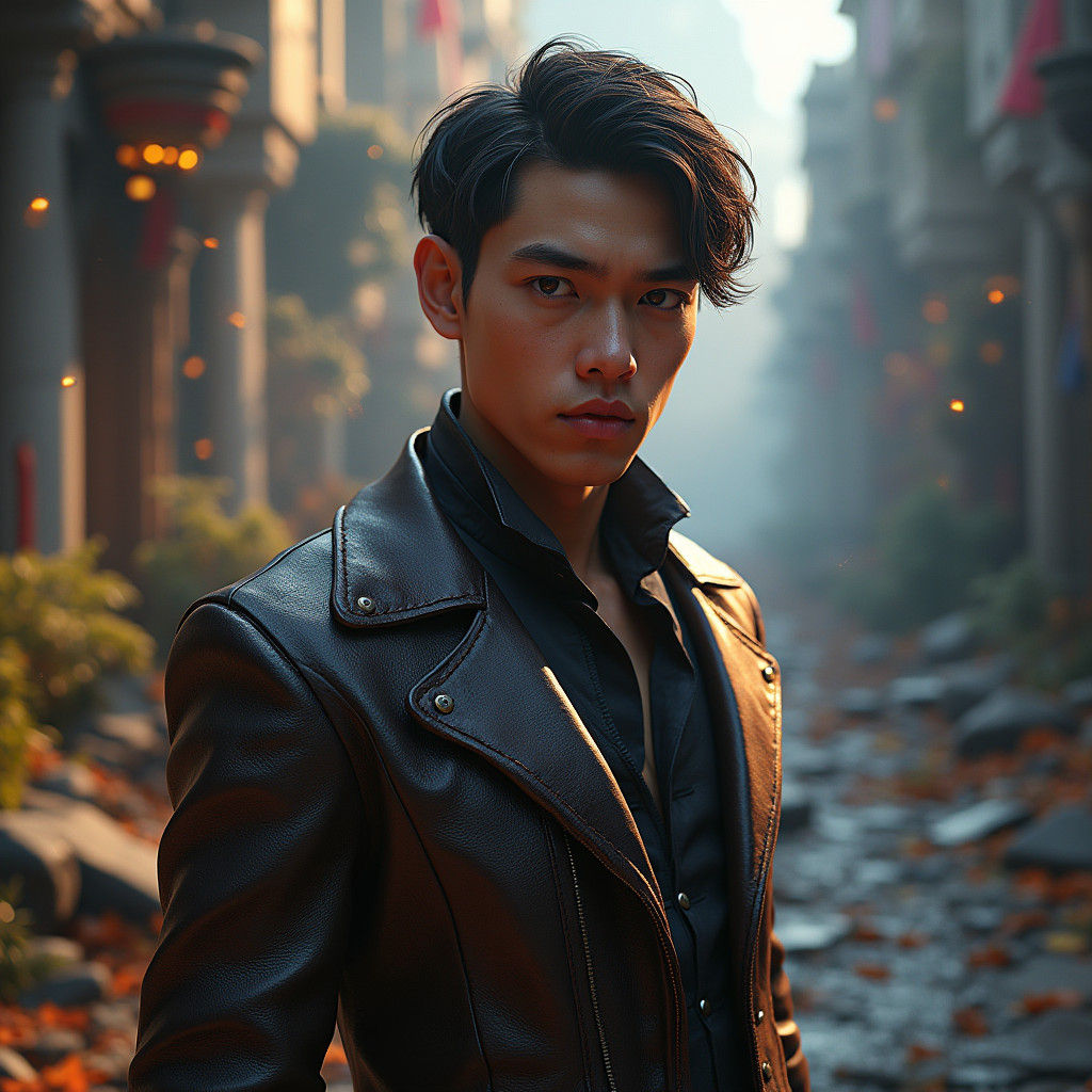 Young Man in Leather Suit: Detailed Matte Painting