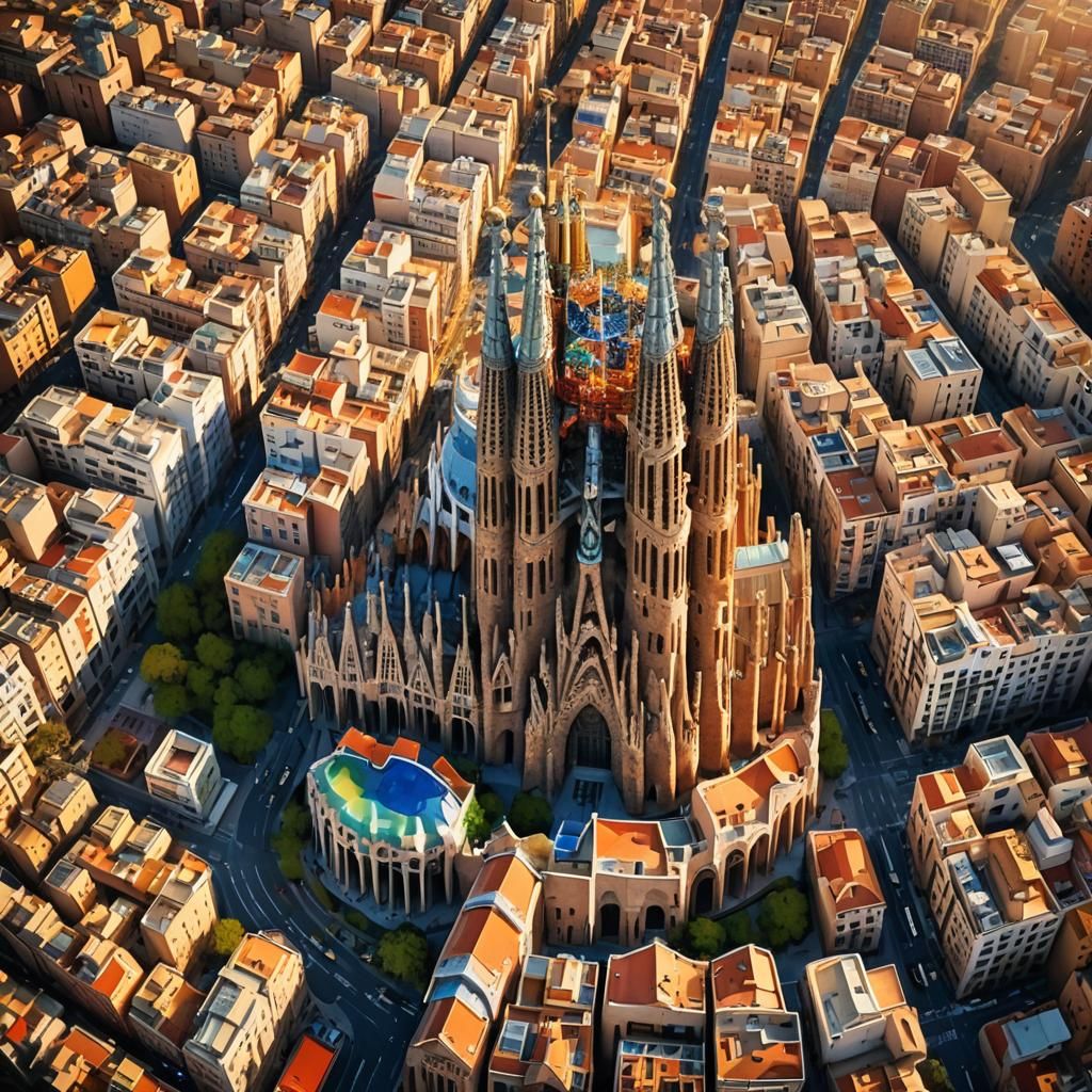 Barcelona Cityscape at Golden Hour: Gaudi-Inspired Art