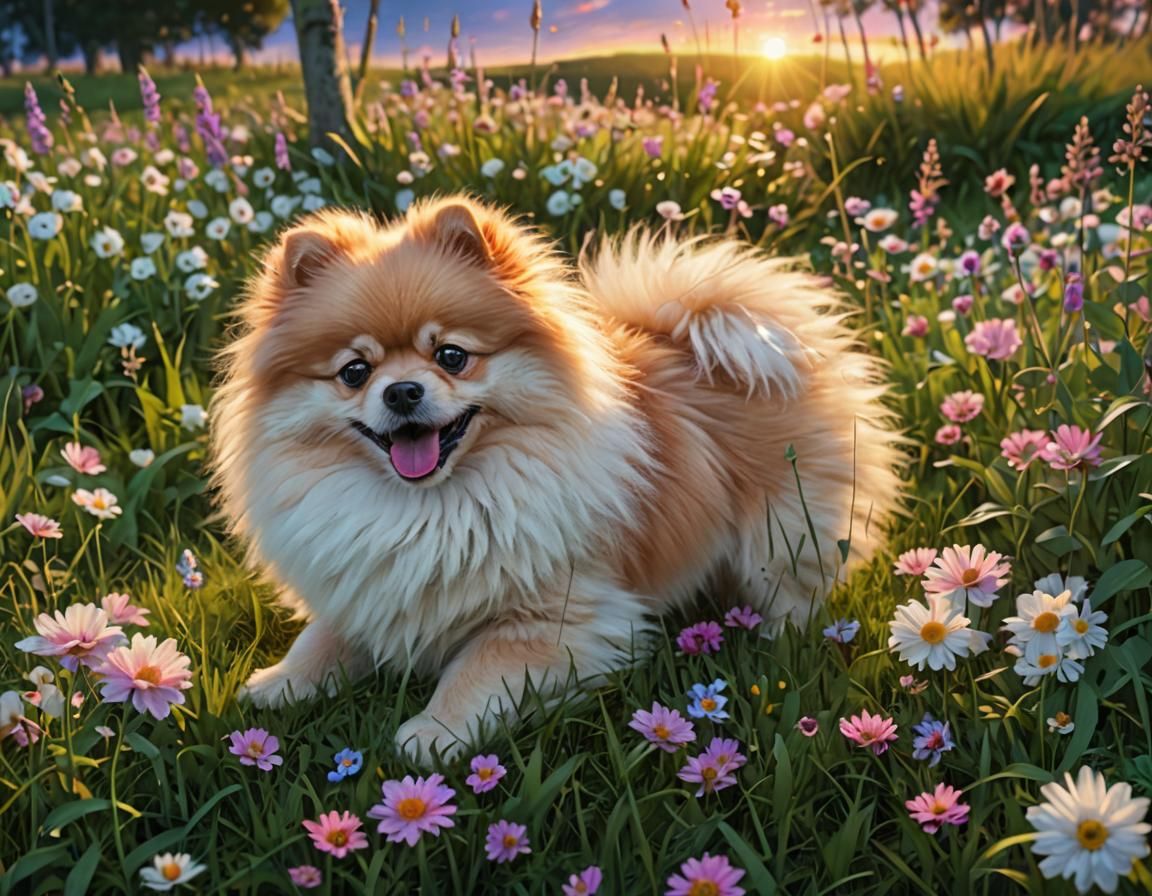 Pomeranian Dog in Sunset Field, Fantasy Concept Art