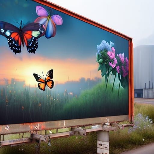 Flowers and Butterflies Billboard: Industrial Contrast