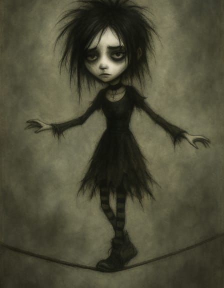 Emo Goth Tightrope Walker in Sfumato Style