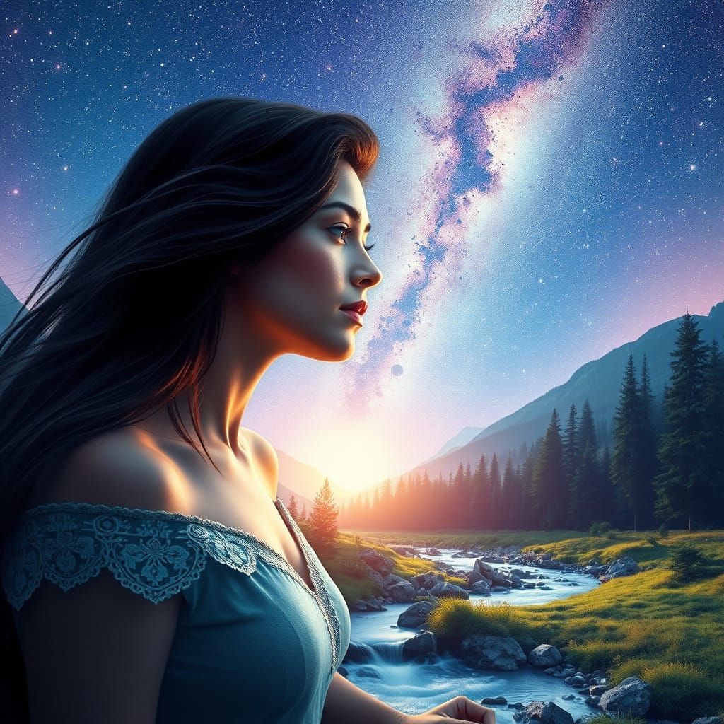 Woman, Stream, Forest Under Astral Sky as Cosmic Art