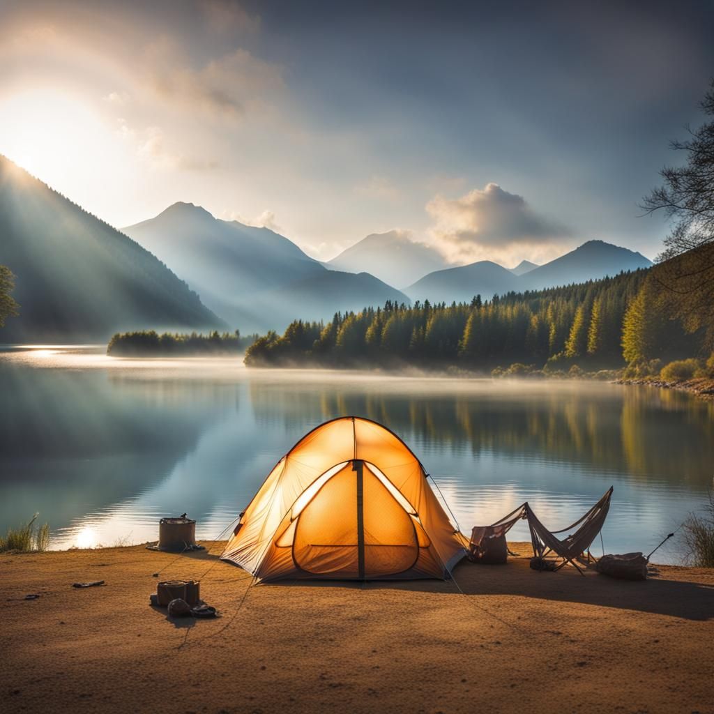 Peaceful Lakeside Camping Scene with Deer