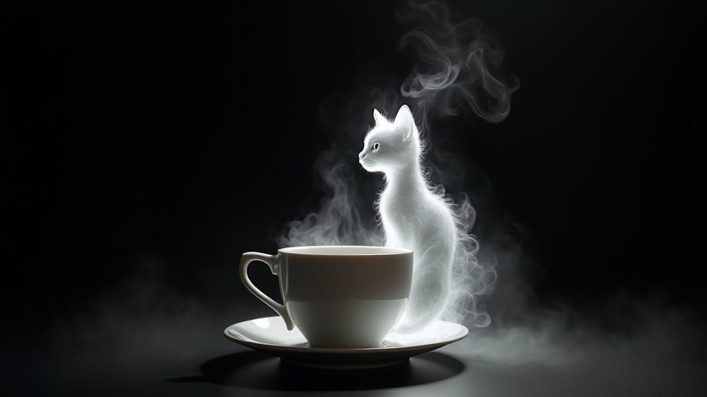 Ethereal Smoke Cat Rises From Coffee Cup
