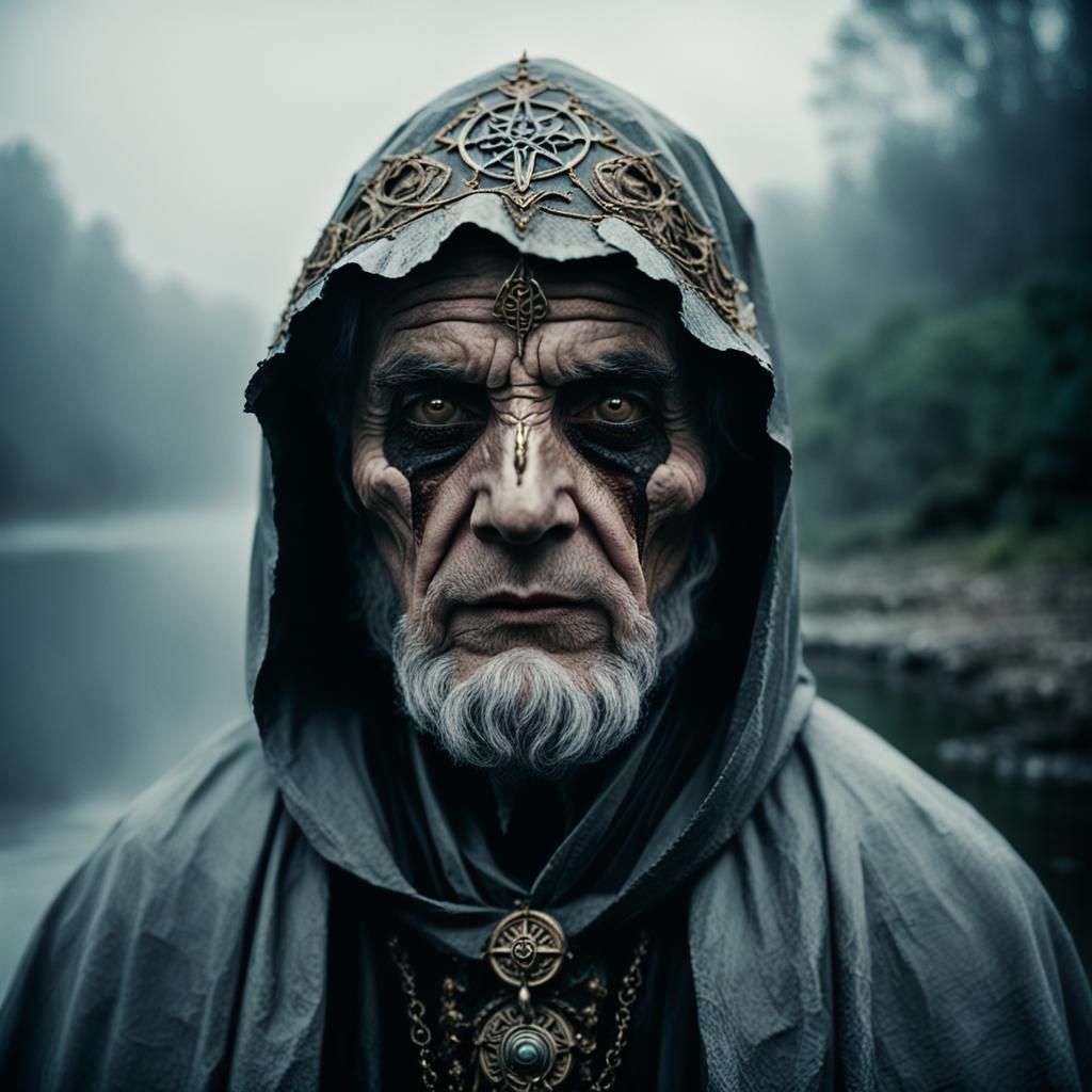 Ethereal Death Cleric Portrait on Misty Riverbank