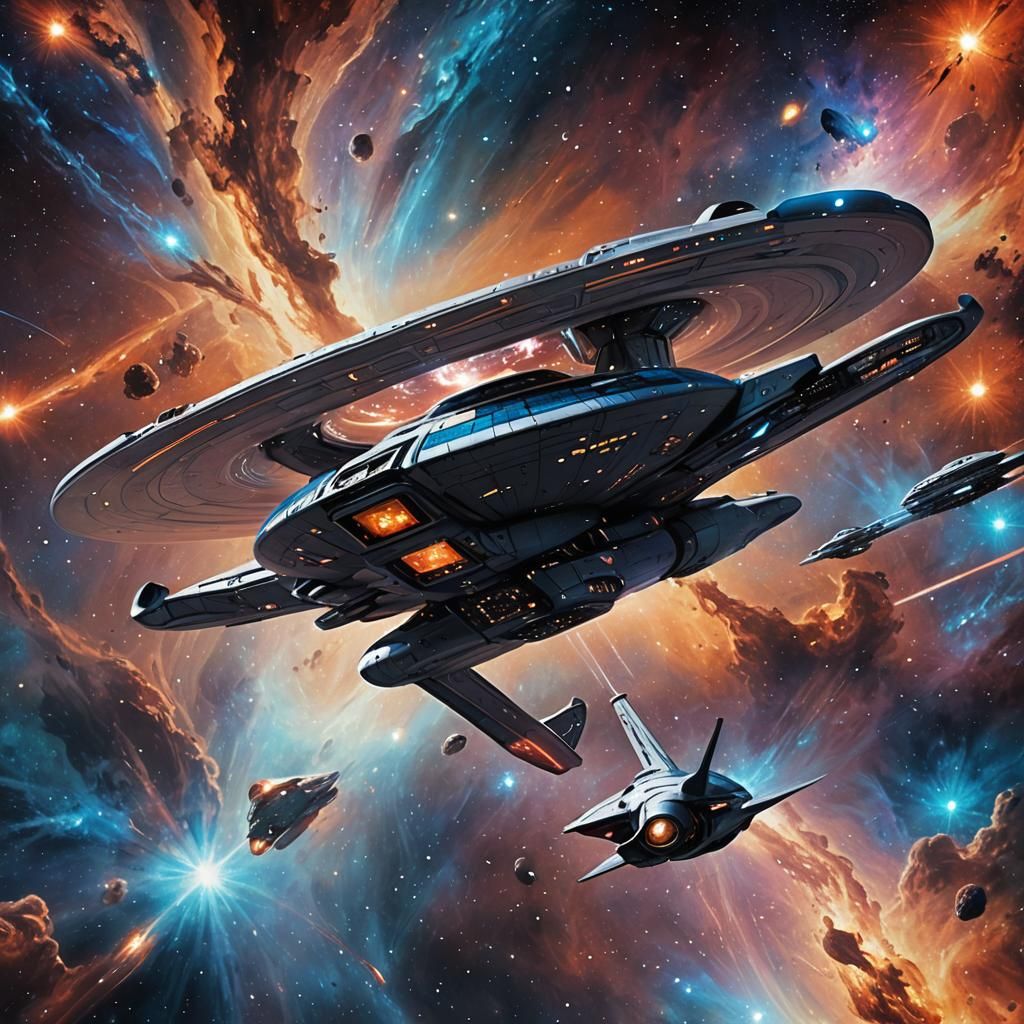 Modern USS Enterprise in Starry Nebula, Digital Art