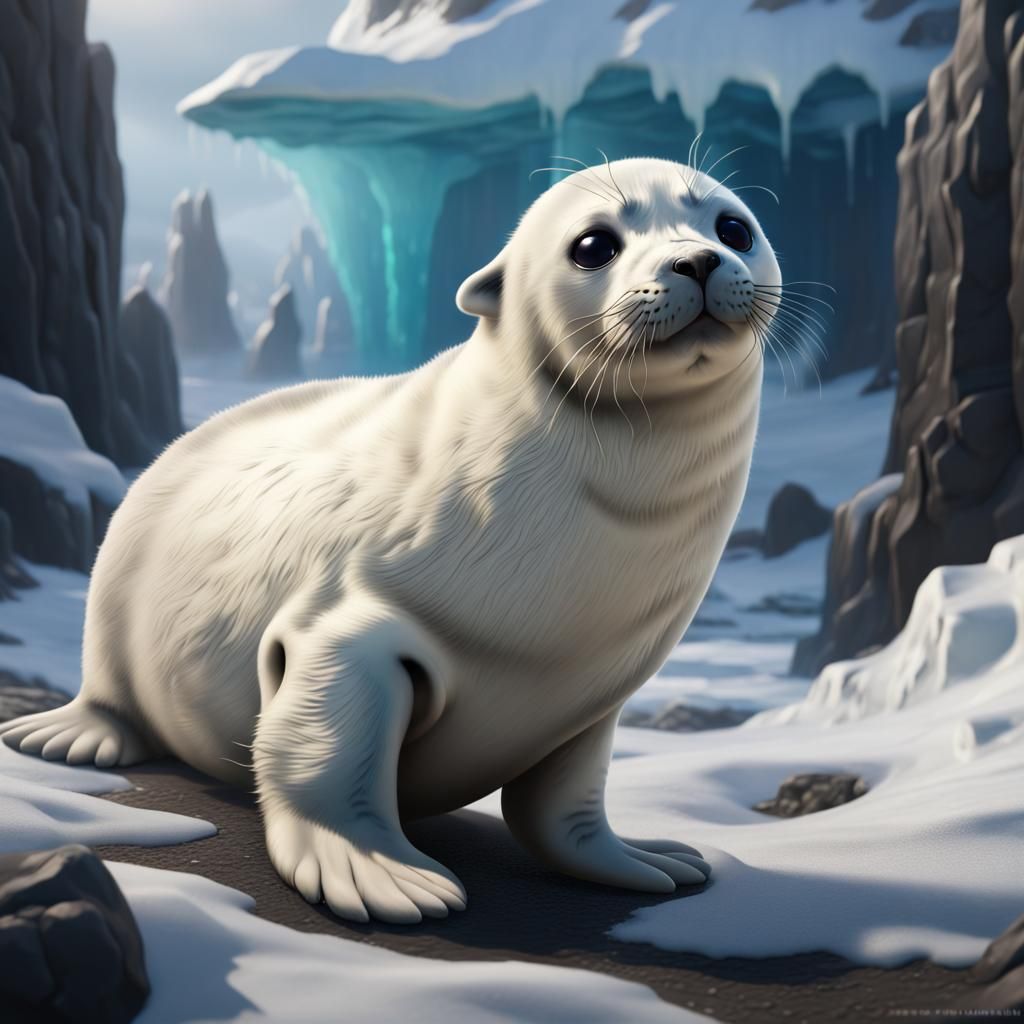 Detailed Painting of a Harp Seal Pup