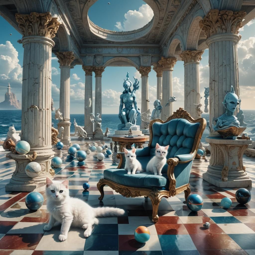 Chessboard World with Alien and Kitten: Digital Painting