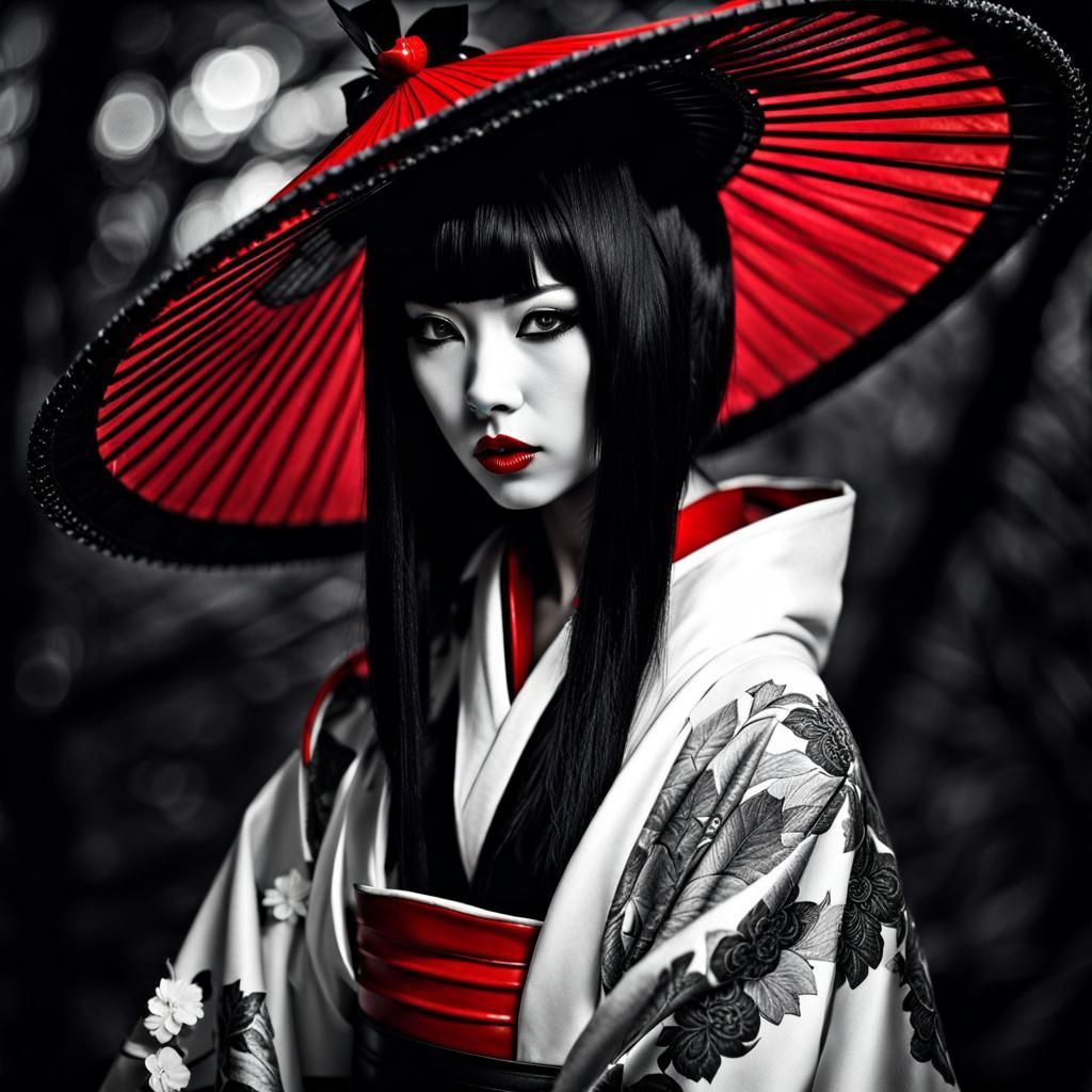 Hooded Geisha: A Gothic Portrait in Black and White
