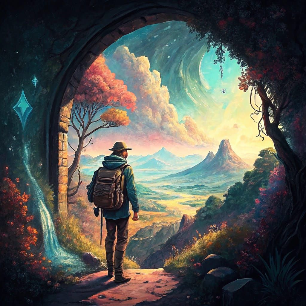 Explorer Enters Portal to Lush Fantasy Landscape