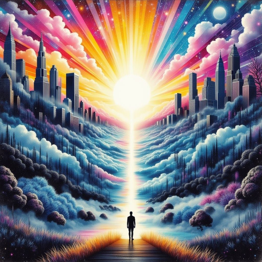 <lora:MixedMedia:1.0> This image depicts a serene landscape with a gentle gradient of bright, vivid colors, evoking a se...