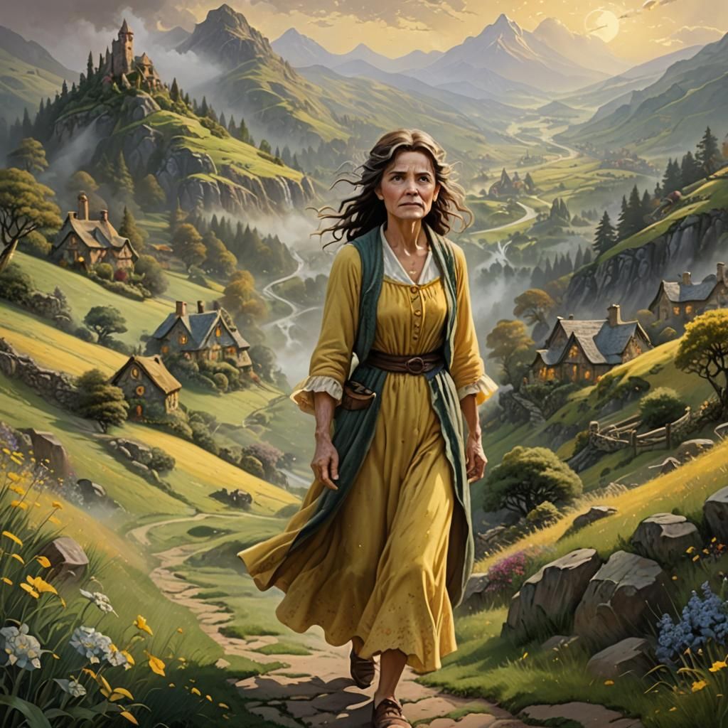 Grumpy Hobbit Lady in Ethereal Fantasy Landscape