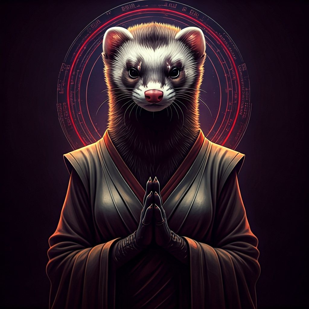 Meditative Ferret Monk in Cyberpunk Silhouette