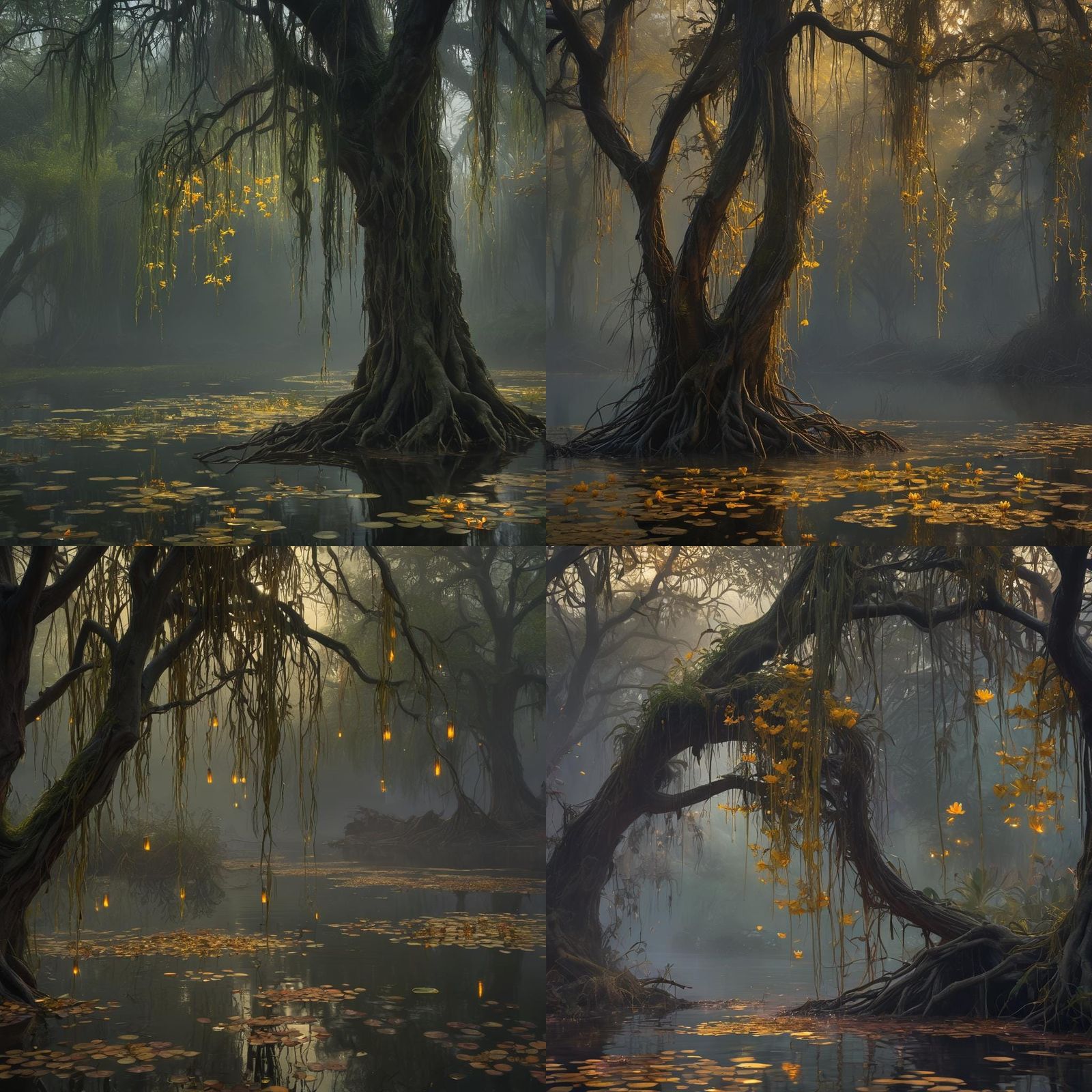 Anguished Willow Tree with Golden Lilies