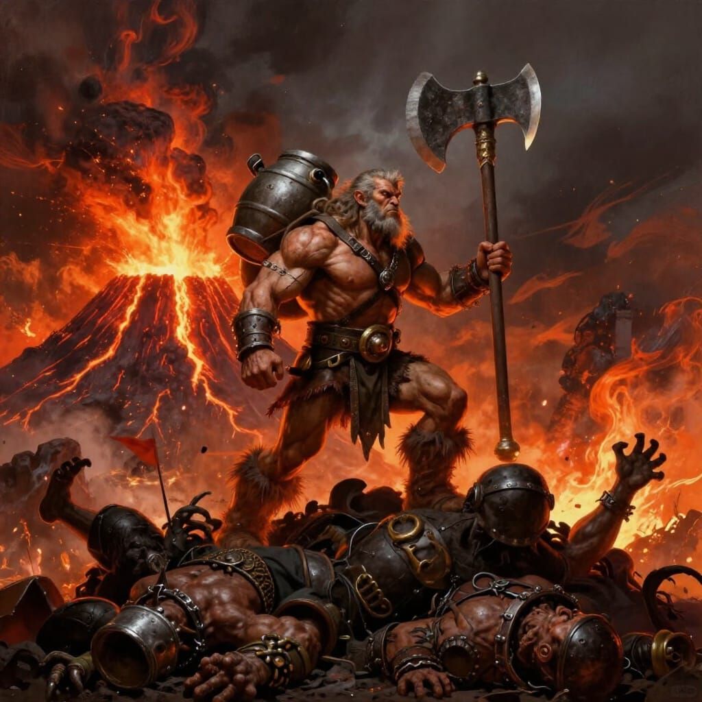 Dwarf Barbarian Victorious Over Orks by Erupting Volcano