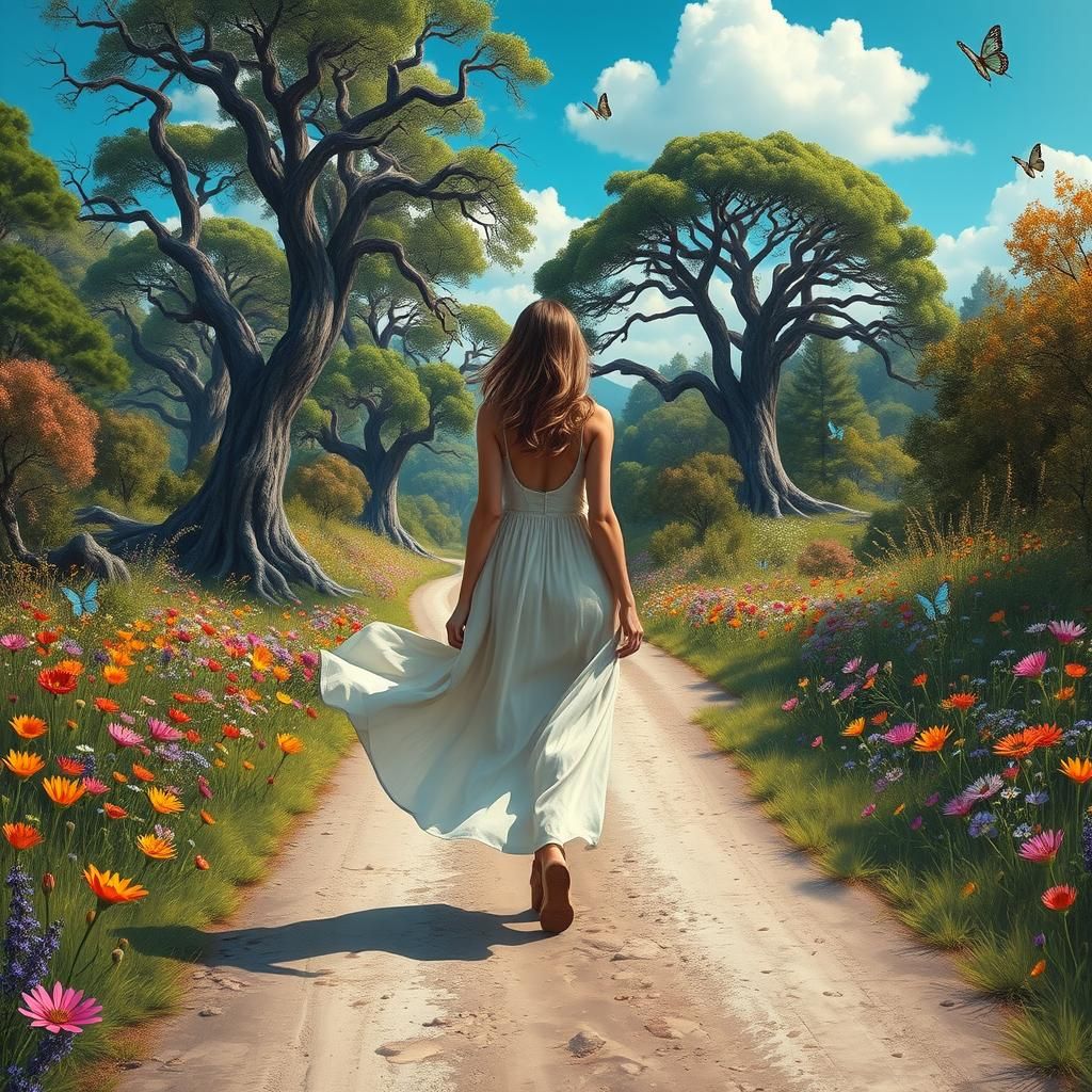 Woman Walks Through Lush Forest Landscape