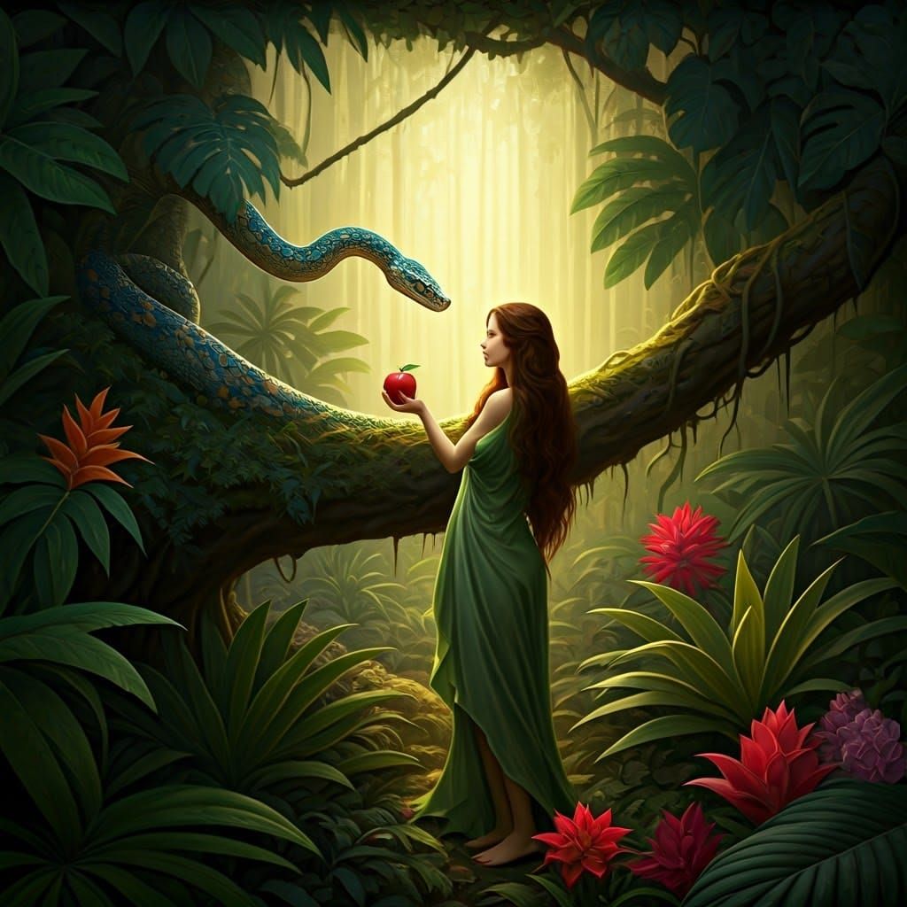 Eve's Temptation in Eden: A Surrealist Painting