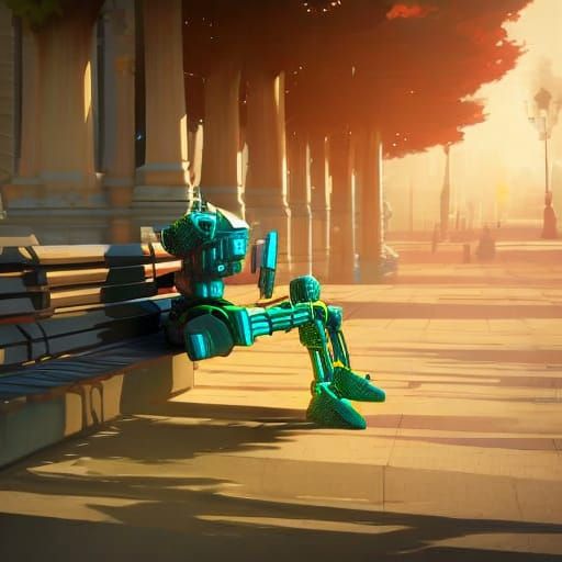 Robot on Park Bench: Hyperdetailed Concept Art
