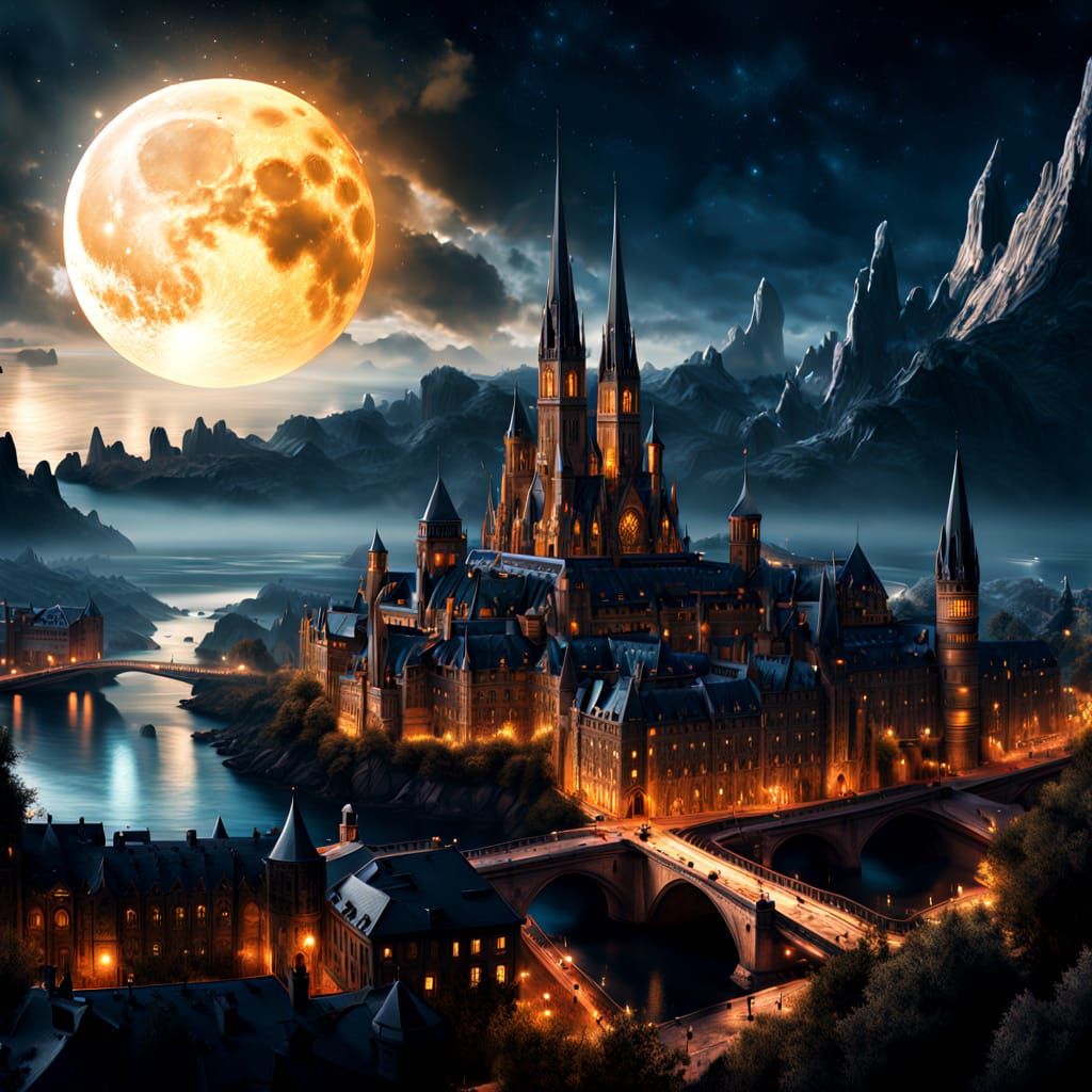 Fantasy City in Crescent Moon at Night Digital Matte Paintin...