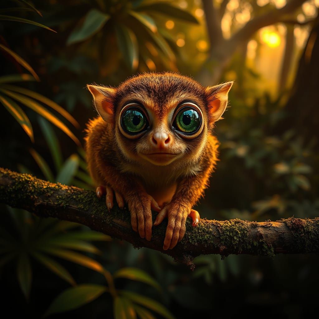 Jungle Tarsier Illuminated by Golden Dusk