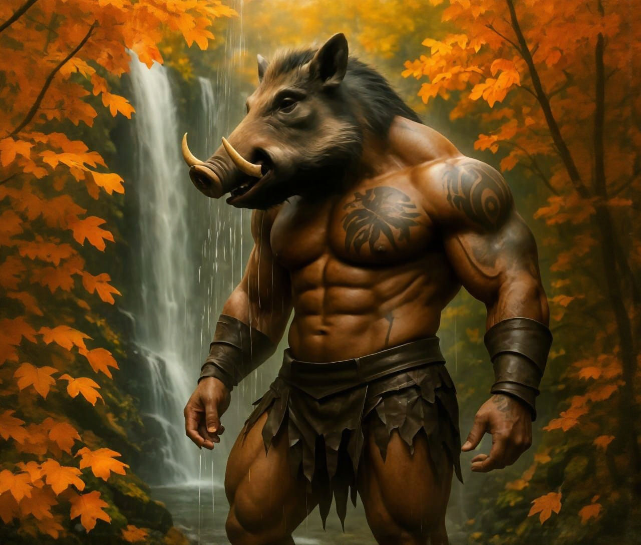 Muscular Warrior with Boar Head Showers Under Autumn Waterfa...