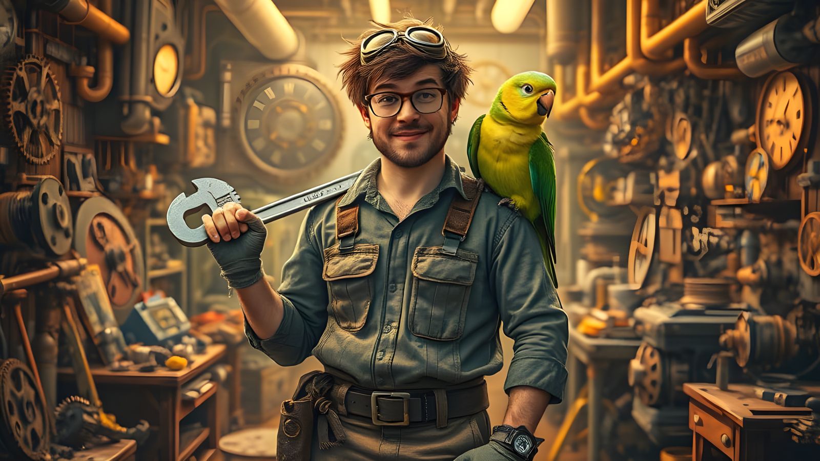 Whimsical Steampunk Inventor in Chaotic Workshop