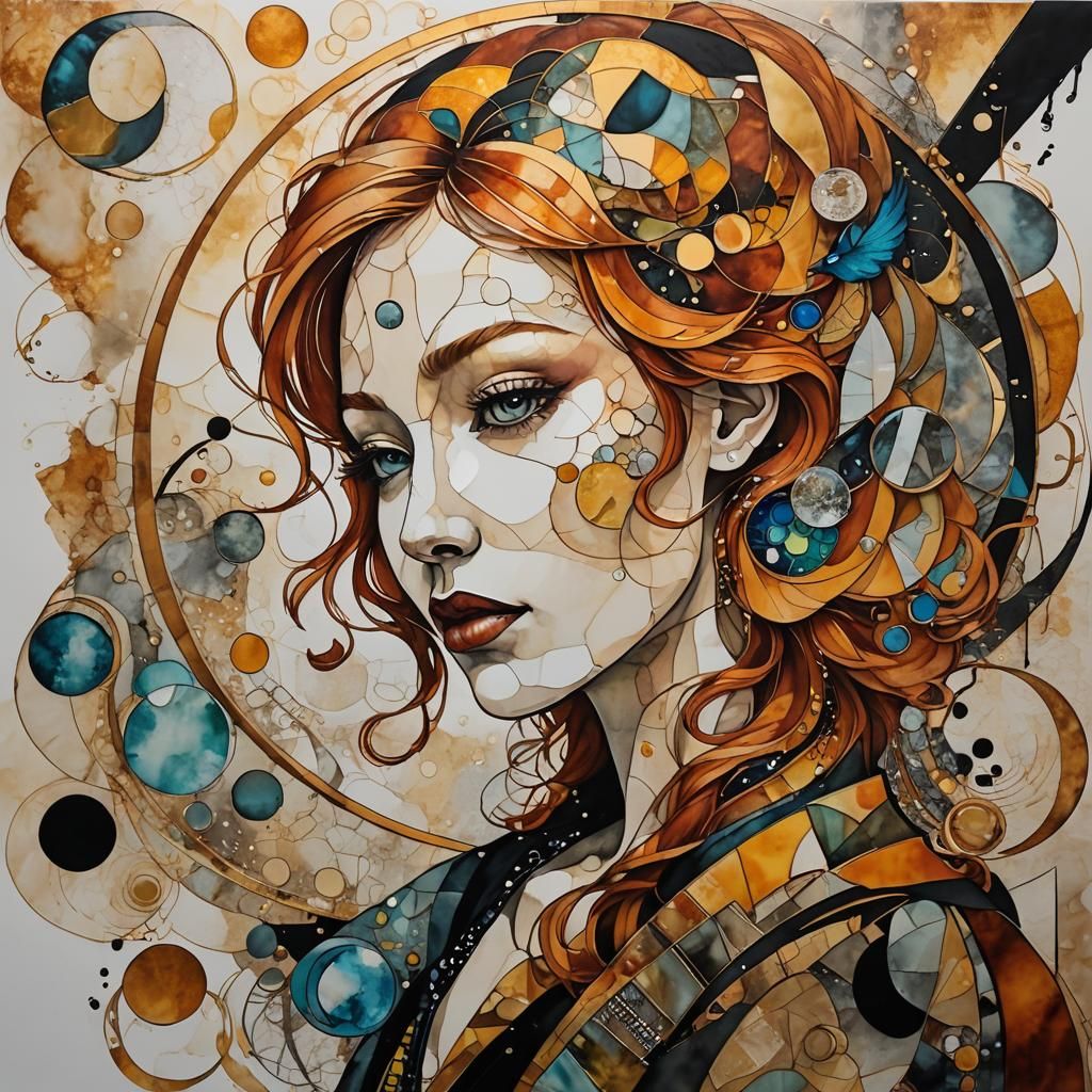 Abstract Cubist Portrait with Birds and Bubbles