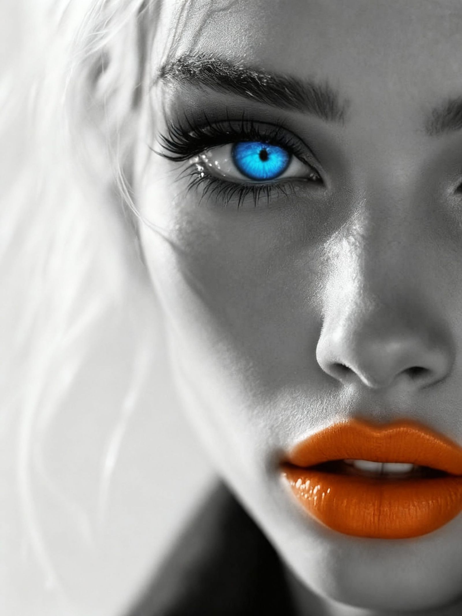 Monochrome Woman Portrait with Fiery Lips and Blue Eyes