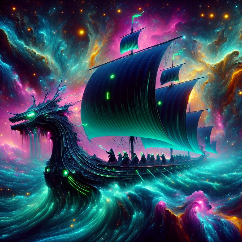 Cyberpunk Viking Longship Sails Through a Neon Cosmos